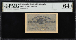 MIXED LOTS. Estonia & Lithuania. Lot of (2). Bank of Lithuania & Bank of Estonia. 1 Centas & 20 Krooni, 1922 & 1932. P-7a & 64a. PMG Choice Uncirculat...