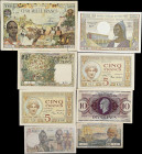 MIXED LOTS. French Territories. Lot of (8). Mixed Banks. 5, 10, 100, 1000 & 5000 Francs, Mixed Dates. P-Various. Fine to About Uncirculated.
The high...