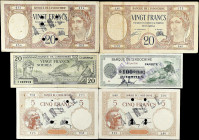 MIXED LOTS. Lot of (6). Banque de l'Indochine. 5, 20, & 100 Francs, ND (1926-44). P-17b, 36a(1), 36b(1), 37a, & 49. Fine to Very Fine.
New Caledonia,...