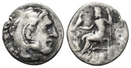 Kingdom of Macedon. Alexander III 'The Great' AR Drachm. (3.54 Gr. 17mm.)
 Head of Herakles to right wearing lion skin 
Rev. Zeus seated on throne to ...