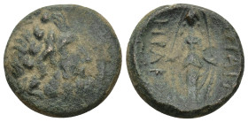 Phrygia, Apameia. Ca. 100-50 B.C. AE (20mm, 7.0 g). Herakle-, and Eglo-, magistrates. Laureate head of Zeus right / AΠAME HPAKΛE EΓΛO, cult statue of ...