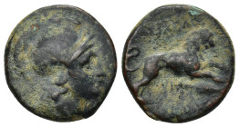 Kings of Thrace. Uncertain mint in Thrace. Lysimachos 305-281 BC. Unit AE (18mm, 5.0 g) Helmeted head of Athena right Rev: lion leaping right, below s...