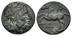 Pisidia, Termessus Major. civic issue. 1st century B.C. AE (16mm, 4.1 g). Laureate head of Zeus right / TEP, horse prancing left, ethnic beneath; A ab...