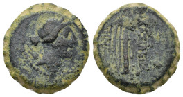 Seleukid Empire, Demetrios I Soter Serrate Æ (19mm, 7.69 g). Antioch, 162-150 BC. Bust of Artemis to right, wearing stephane, with bow and quiver over...