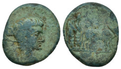 MACEDON, Uncertain (Philippi?). Tiberius. AD 14-37. Æ (19mm, 3.26 g). Bare head right / Founder plowing right with two yoked oxen.