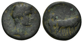 MACEDON, Uncertain (Philippi?). Tiberius. AD 14-37. Æ (18mm, 4.0 g). Bare head right / Founder plowing right with two yoked oxen.