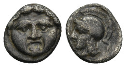 PISIDIA. Selge. (Circa 350-300 BC). AR Obol. (10mm, 0.92 g) Obv: Facing gorgoneion. Rev: Helmeted head of Athena left.