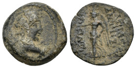 Pamphylia, Perge AE. Circa 200-0 BC. (5.2 Gr. 18mm.)
Head of Artemis to right, quiver over shoulder 
Rev.Nike standing to left, holding wreath.