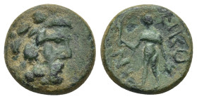 LYCAONIA. Ikonion. 1st century BC. AE (2.96 Gr. 14mm.)
 Laureate head of Zeus right. 
Rev. Perseus standing left, holding harpa and head of Medusa.