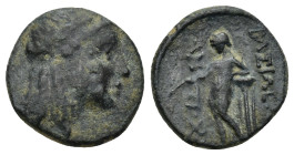 SELEUKID KINGS of SYRIA. Antiochos III ‘the Great’. 222-187 BC. AE (2.93 Gr. 14mm.). Sardes 
 Laureate head of Apollo right 
Rev. Apollo standing left...