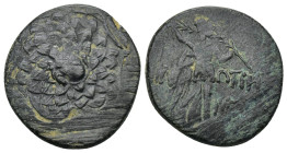 Paphlagonia, Sinope. Time of Mithridates VI. AE (7.35 Gr. 23mm.). 
 Aegis with Gorgon's head at center 
Rev. Nike walking right carrying palm-branch; ...