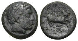 Kings of Macedon. Miletos. Alexander III "the Great" 336-323 BC. (4.42 Gr. 17mm.)
 Diademed head (Apollo?) right 
Rev. Horseman riding right; labrys a...
