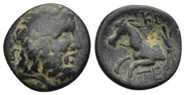 Pisidia. Termessos Major circa 100-0 BC. AE (3.43 Gr. 17mm.)
Laureate head of Zeus right 
Rev. TEP, forepart of horse left; KH above, thunderbolt behi...