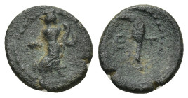 PISIDIA. Etenna. AE (1st century BC). (1.43 Gr. 11mm.)
Nymph advancing right, entwined by serpent; amphora lying right in field. 
Rev: E - T. Sickle-s...