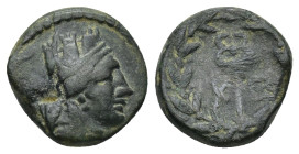 Caria. Keramos circa 200-27 BC. Also attributed to Keraitai of Pisidia (2.82 Gr. 13mm.)
Turreted head of Tyche right 
Rev. K-E, kerykeion within laure...