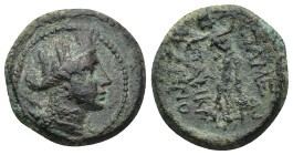 PHRYGIA. Apameia. Circa 100-50 BC. (5.35 Gr. 19mm.)
 Turreted head of Artemis right; bow and quiver over her shoulder. 
Rev. Marsyas advancing right, ...