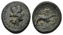 PHRYGIA. Amorion. 2nd-1st century BC. AE. (4.2 Gr. 16mm.) 
Turreted head of Tyche, right. 
Rev. Lion leaping on kerykeion right monogram to left.