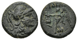 PAMPHYLIA. Side. AE (3rd/2nd centuries BC). (2.77 Gr. 14mm.)
Obv: Head of Athena right, wearing Corinthian helmet. 
Rev. Nike advancing left, holding ...