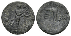 PISIDIA. Etenna. AE (1st century BC). (3 Gr. 16mm.)
Nymph advancing right, entwined by serpent; amphora lying right in field. 
Rev: E - T. Sickle-shap...