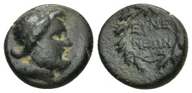 Eumeneia. Ae (Circa 200-133 BC). (3.34 Gr. 15mm) 
 Laureate head of Zeus right. 
Rev: EYMENEΩN. Legend in two lines within wreath.