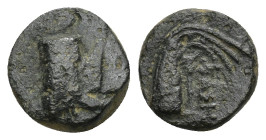 LYCIA, Phaselis. Ae Circa 250-221 BC (1.42 Gr. 10mm.)
 Prow of galley right. 
Rev: Stern of galley right.
