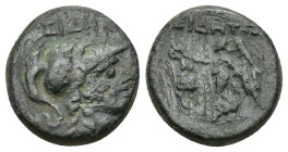 Pamphylia, Side, 2nd-1st centuries BC. AE. (4.6 Gr. 16mm.) 
Helmeted head of Athena right. 
Rev. Nike standing left, holding wreath and palm; pomegran...