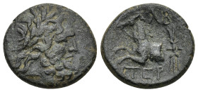 PISIDIA, Termessos. 1st century BC. AE (5.28 Gr. 18mm.) 
 Laureate head of Zeus right 
Rev. Forepart of horse left; thunderbolt behind.