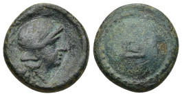 Pamphylia, Aspendos AE (5 Gr. 17mm). Late 4th-3rd century BC. 
Helmeted head of Athena to right. 
Rev. Shield decorated with ΠO monogram.
