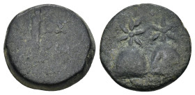 COLCHIS. Dioscurias. Time of Mithradates VI Eupator (Circa 105-90 BC). AE. (4.85 Gr. 16mm) 
Legend in three lines around thyrsos.
Rev. Piloi of the di...