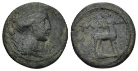 Lykia, Masikytes (?) AE Circa 27-23 BC. (4.26 Gr. 19mm.)
Draped bust of Artemis right, quiver at shoulder
Rev. Stag standing right.
