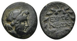Phrygia, Eumeneia. Before 133 B.C. AE (3.45 Gr. 15mm.) 
 Laureate head of Zeus right 
Rev. EYME-NEΩN-BAX, legend within wreath.