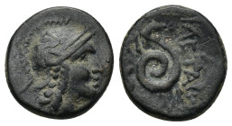 Mysia. Pergamon. Attalos I to Eumenes II 241-159 BC. AE (2.76 Gr. 14mm.) 
Helmeted head of Athena right. 
Rev. Serpent coiled to right, monogram to le...