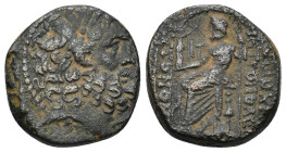 Syria, Seleucis and Pieria. Antiochia ad Orontem. 1st century B.C. AE (7.4 Gr. 19mm.). 
Laureate head of Zeus right 
Rev. Zeus Nikephoros seated left,...