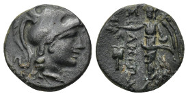 PAMPHYLIA. Side. AE (Circa 200-36 BC). (2.7 Gr. 15mm.)
Helmeted head of Athena right. 
Rev. Nike advancing left, holding wreath; in left field, pomegr...