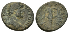 PAMPHYLIA. Side. Antoninus Pius (138-161). AE. (3.65 Gr. 17mm.)
Laureate head right. 
Rev. Athena advancing right, holding spear and shield; at feet t...