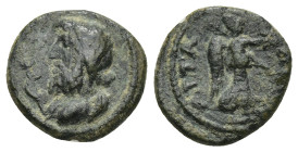 Pamphylia, Attalia. Pseudo-autonomous issue, 1st century AD. AE (2.33 Gr. 14mm.).
Draped bust of Poseidon left. 
Rev. Nike advancing right, holding wr...