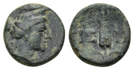 PISIDIA. Isinda. Ae (Circa 1st century BC). (1.68 Gr. 12mm.)
 Head of Artemis right.
Rev: ΙΣ - ΙΝ. Quiver.