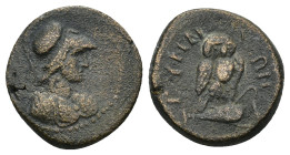 PHRYGIA, Synnada. Pseudo-autonomous (2nd-3rd centuries). AE. (2.95 Gr. 15mm.)
 Helmeted bust of Athena right, wearing aegis. 
Rev. Owl, with head faci...