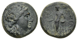 SELEUKID KINGS of SYRIA. Antiochos III the Great, 222-187 BC. AE (3.77 Gr. 14mm.) Sardes.
 Laureate head of Apollo right. 
Rev. Apollo standing left, ...