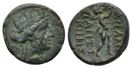 PHRYGIA. Apameia. Circa 88-40 BC. (4.2 Gr. 16mm.),
 Turreted head of Tyche to right.
 Rev. Marsyas advancing to right [on maeander pattern], playing d...