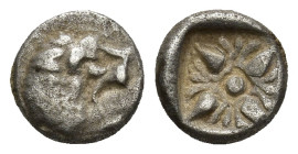 Ionia, Miletos AR Obol. Circa 520-450 BC. (0.8 Gr. 8mm.) 
Forepart of roaring lion to left, head reverted 
Rev. Stellate pattern within incuse square.