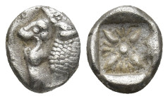 IONIA. Miletos. Diobol (6th-5th centuries BC). (1.17 Gr. 9mm.)
Obv: Forepart of lion right, head left. Rev: Stellate pattern within incuse square.