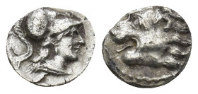 PAMPHYLIA. Side. (3rd-2nd centuries BC). AR Obol. (0.63 Gr. 9mm.) 
 Helmeted head of Athena right. 
Rev. Head of lion left with open mouth.