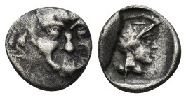 Pisidia, AR Obol Selge 3rd Century BC. ( 1.05 Gr. 11mm.)
Facing head of Gorgoneion 
Rev. Helmeted head of Athena right, astragal behind