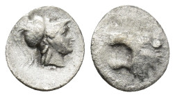Pamphylia. Side circa 370-360 BC. Obol AR. (0.3 Gr. 9mm) 
Head of Athena right wearing crested Corinthian helmet. 
Rev. Lion’s head left with open jaw...