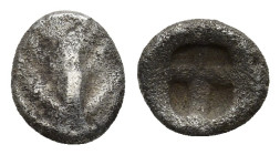 ISLANDS OFF CARIA, Rhodos. Kamiros. Circa 500-460 BC. Tritemorion (0.6 Gr. Mm.) 
Fig leaf. 
Rev. Rough incuse square.
