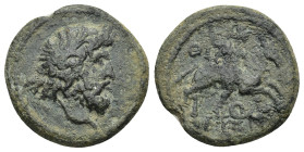 Pisidia, Isinda Pseudo-autonomous issue AE (19mm, 4.46 g) laureate head of Zeus, r./ ΙϹΙΝ, ΘΙ; rider with spear galloping, r.; beneath, serpent.