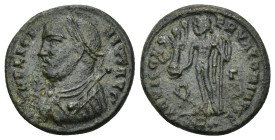 Licinius I. AD 308-324. Æ Follis (18mm, 3.76 g). Cyzicus mint, 3rd officina. Struck AD 317-320. Laureate and draped bust left, holding mappa, globe, a...