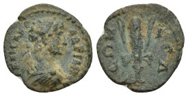 Pisidia, Selge. Hadrian (117-138). Æ (15mm, 1.66 g). Laureate, draped and cuirassed bust r. R/ Club tied with ribbon.