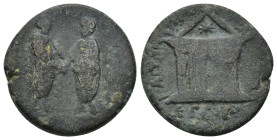 CILICIA, Anazarbus. Marcus Aurelius & Lucius Verus. AD 161-169. Æ (23mm, 8.83 g). Dated CY 182 (AD 163/4). Aurelius, holding volumen, and Verus standi...